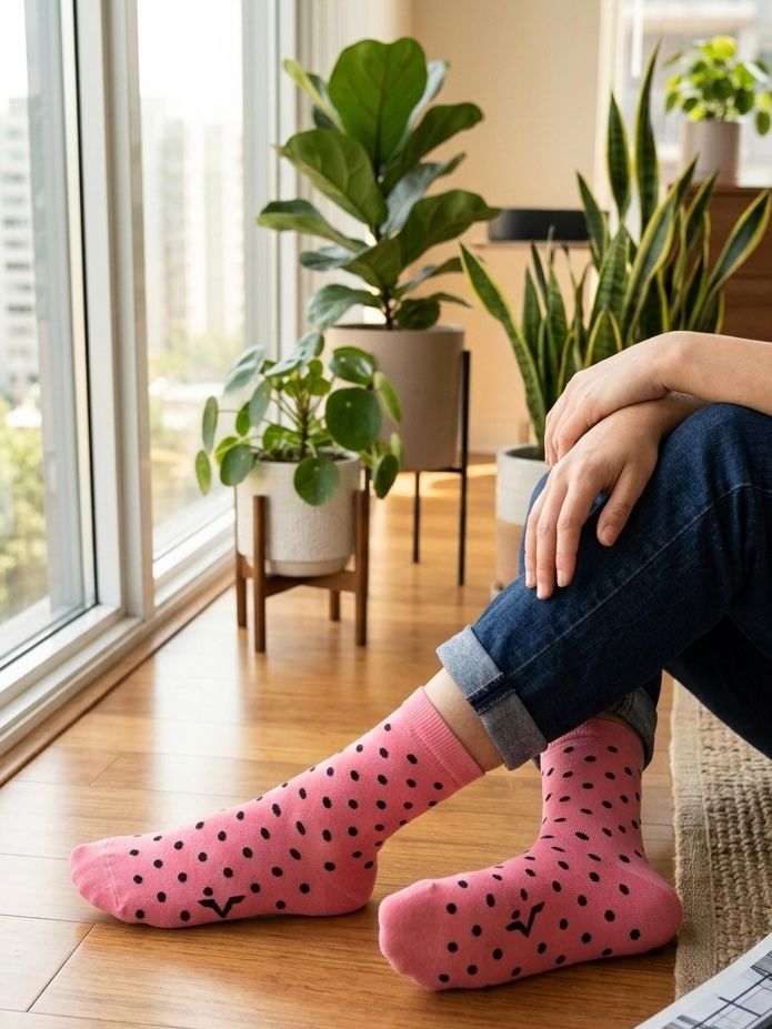 V05 - Pink Polka Dot Crew Socks